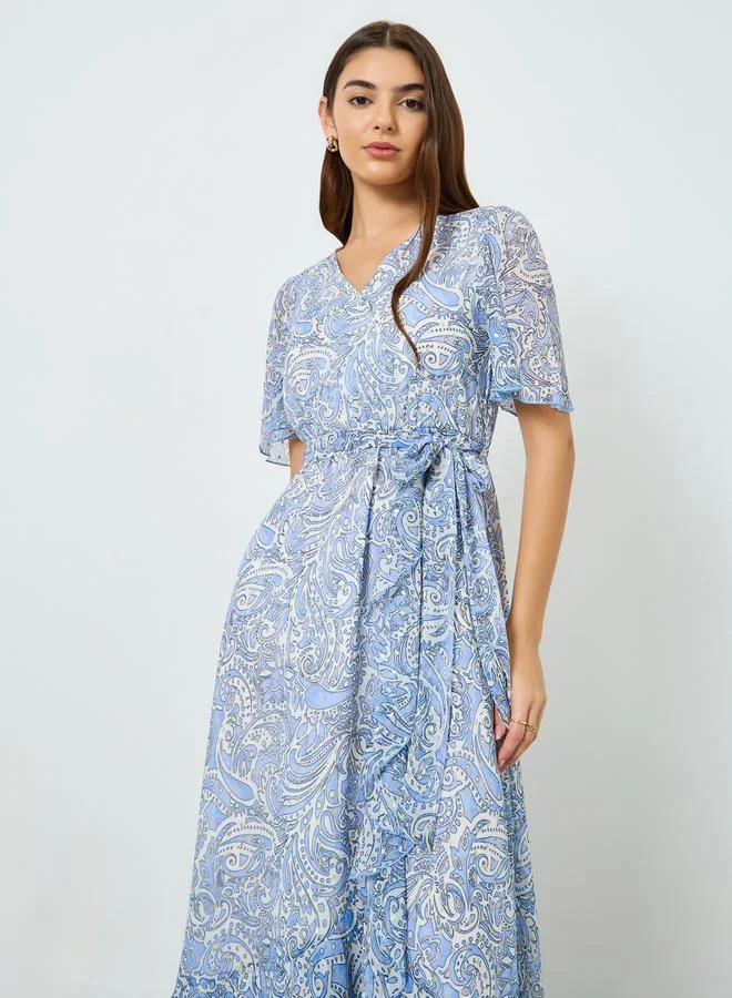 Styli Women Blue Paisley Print Chiffon Wrap Maxi Dress